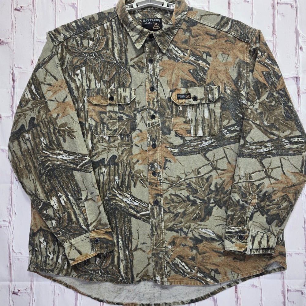 Vintage Rattlers Brand Button Down Realtree Camo Flannel Hunting Shirt Mens XXL